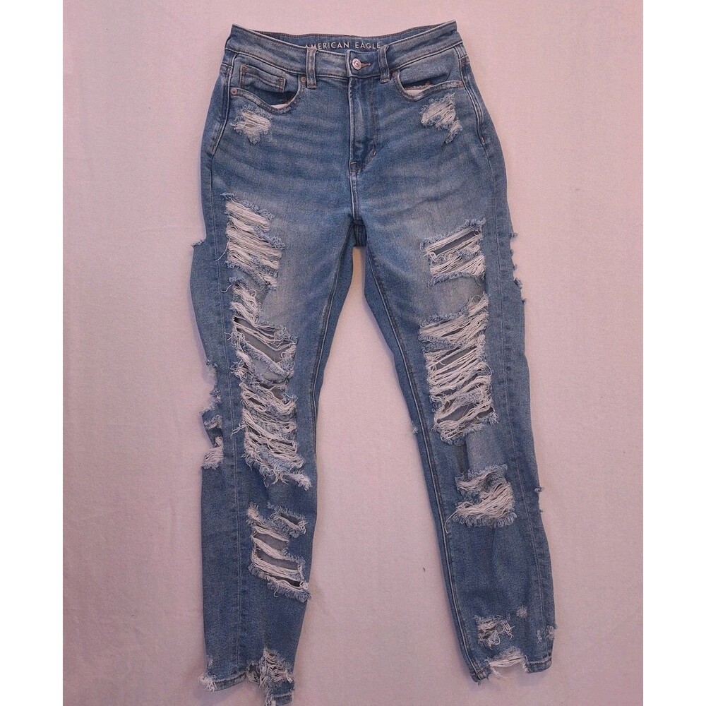 American Eagle Outfitters Mom Jeans Womens Size 2 Blue Denim Distressed Stretch